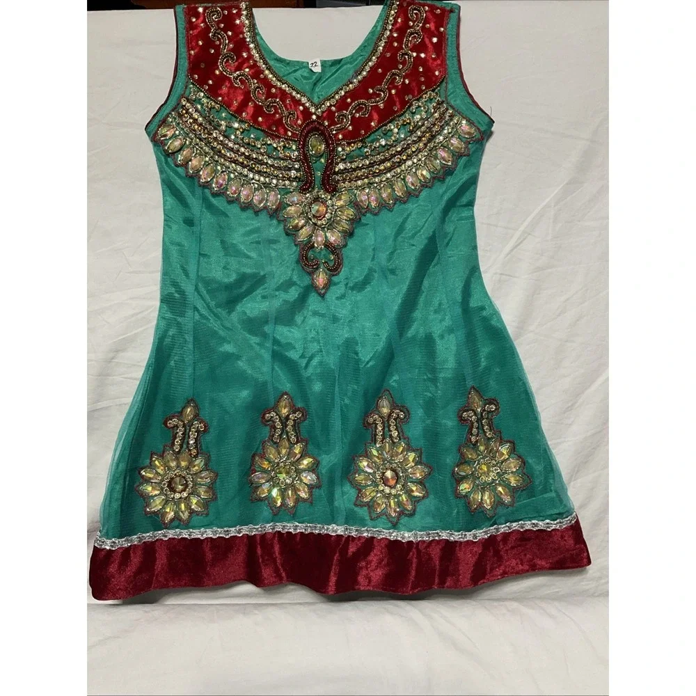 Flare Dress Girls Teal  Floral Embellished Sheer‎ Rhinestone India See Pictures
